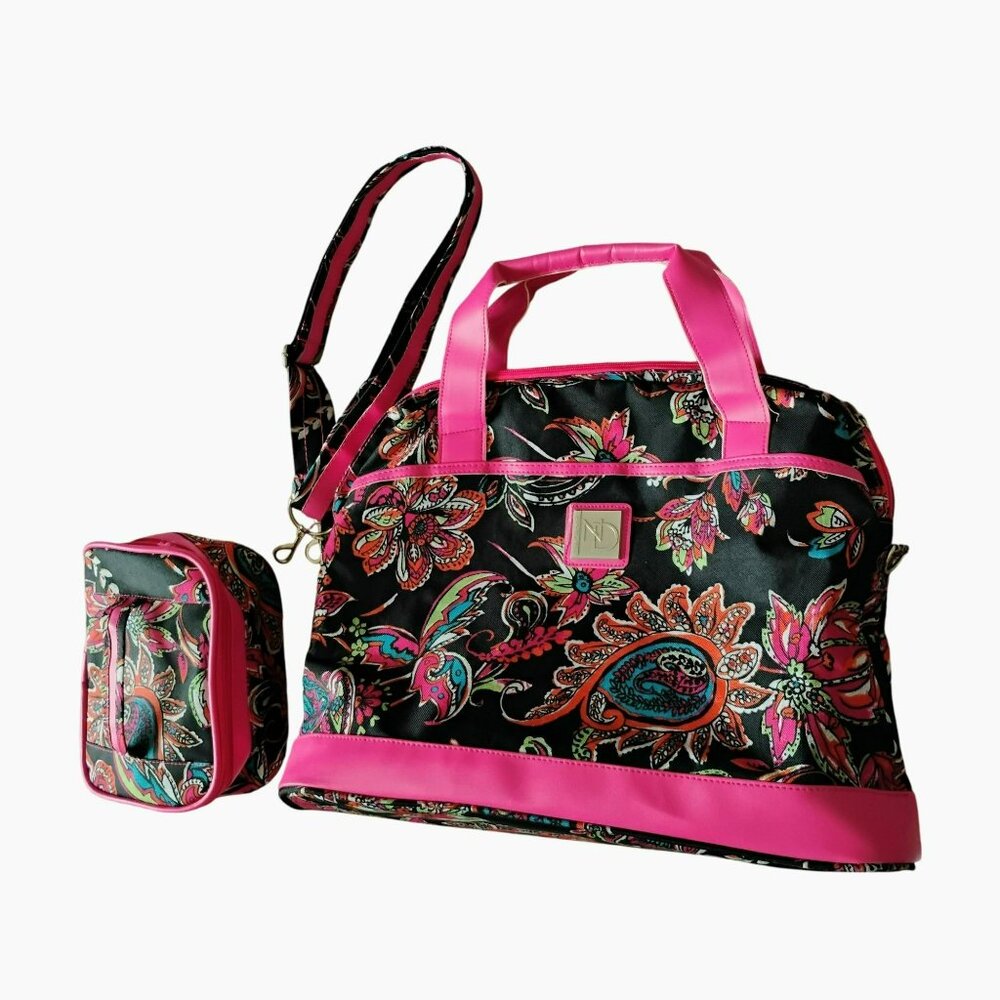 New Directions Pink Paisley Travel Tote Cosmetic Bag Set Overnight Weekender Gym